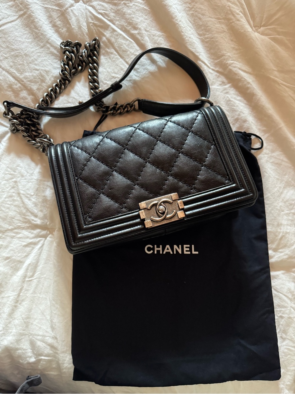 CHANEL Black Quilted Boy Bag with Silver Hardware